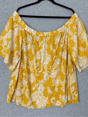 Chicos Linen Top Size XXL / 4 Yellow Paisley Print Off Shoulder Boho Spring